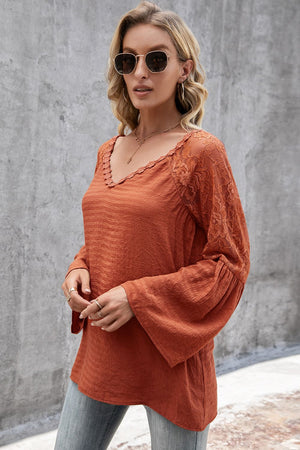 V-Neck Spliced Lace Flare Sleeve Top-Teresa's Fashionista LLC