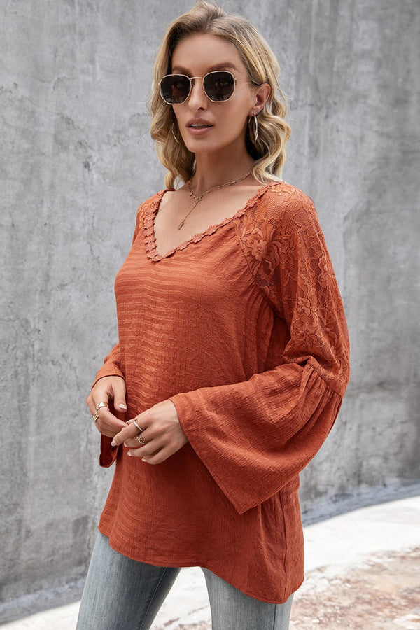 V-Neck Spliced Lace Flare Sleeve Top-Teresa's Fashionista LLC