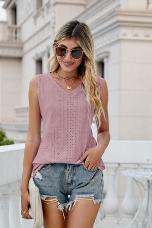 Eyelet V-Neck Tank-Teresa's Fashionista LLC