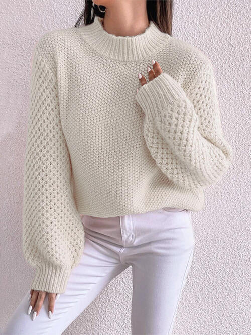 Openwork Mock Neck Long Sleeve Sweater-Teresa&#39;s Fashionista LLC