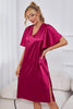 Satin Flutter Sleeve Side Slit V-Neck Night Dress-Teresa's Fashionista LLC