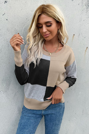 Color Block Ribbed Trim Round Neck Knit Pullover-Teresa's Fashionista LLC