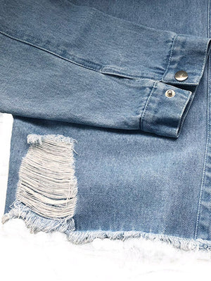 Raw Hem Collared Neck Long Sleeve Denim Jacket-Teresa's Fashionista LLC