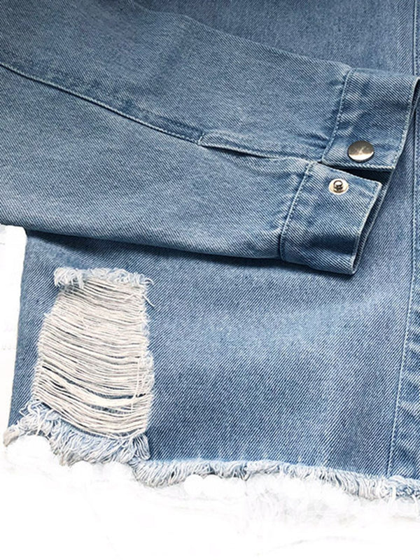 Raw Hem Collared Neck Long Sleeve Denim Jacket-Teresa's Fashionista LLC