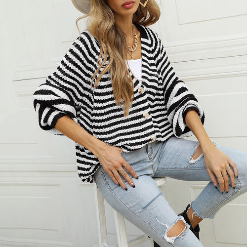 Striped Button Down Long Sleeve Cardigan-Teresa's Fashionista LLC
