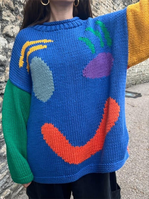 Contrast Drop Shoulder Long Sleeve Sweater-Teresa&#39;s Fashionista LLC
