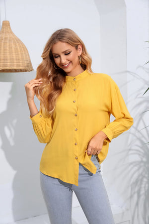 Mock Neck Buttoned Long Sleeve Shirt-Teresa's Fashionista LLC