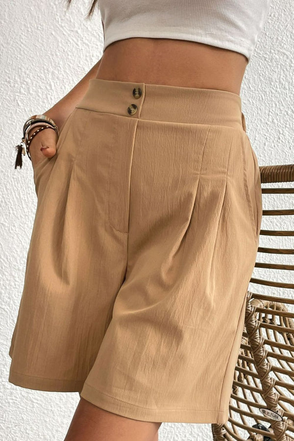 Buttoned Elastic Waist Pleated Detail Shorts-Teresa's Fashionista LLC