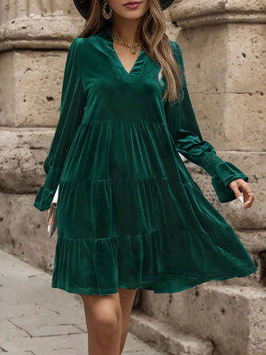 Notched Long Sleeve Tiered Dress-Teresa's Fashionista LLC