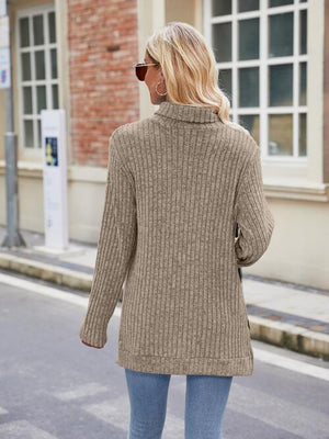 Ribbed Turtleneck Long Sleeve Slit Knit Top-Teresa's Fashionista LLC
