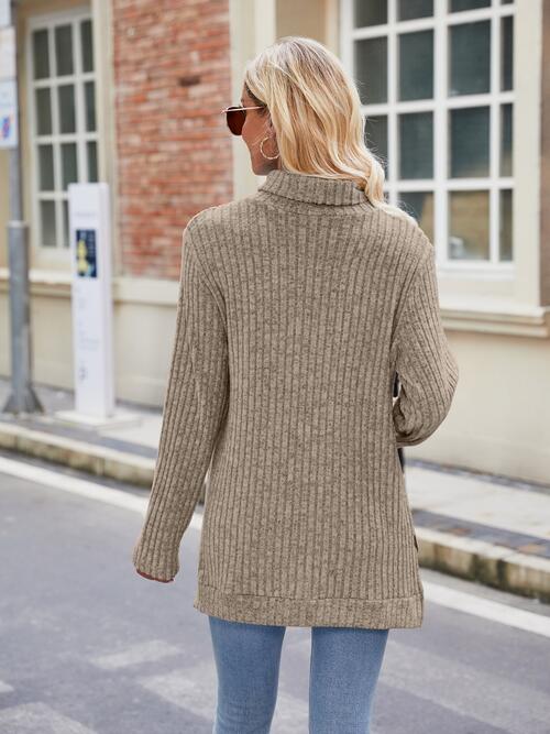 Ribbed Turtleneck Long Sleeve Slit Knit Top-Teresa's Fashionista LLC