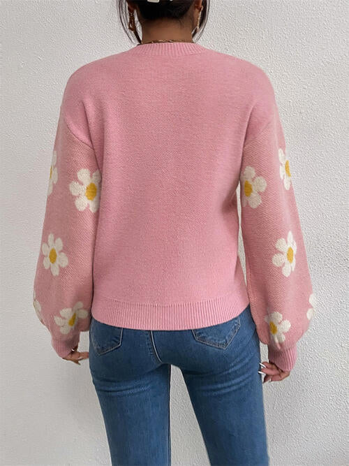 Flower Round Neck Latern Sleeve Sweater-Teresa&#39;s Fashionista LLC