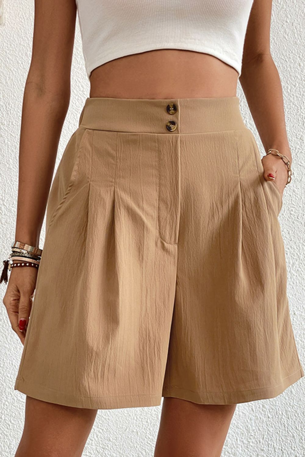 Buttoned Elastic Waist Pleated Detail Shorts-Teresa's Fashionista LLC