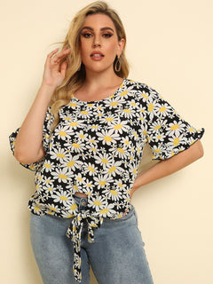 Plus Size Floral Round Neck Tie Hem Blouse-Teresa's Fashionista LLC