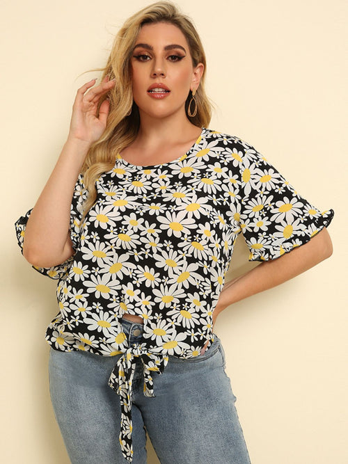 Plus Size Floral Round Neck Tie Hem Blouse-Teresa's Fashionista LLC
