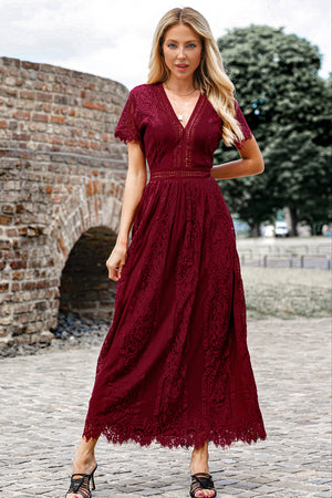 Scalloped Trim Lace Plunge Dress-Teresa's Fashionista LLC