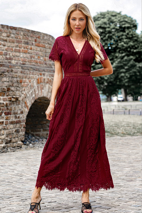 Scalloped Trim Lace Plunge Dress-Teresa's Fashionista LLC