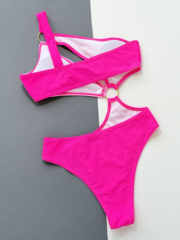 One-Shoulder Cutout Ring Detail One-Piece Swimsuit-Teresa's Fashionista LLC