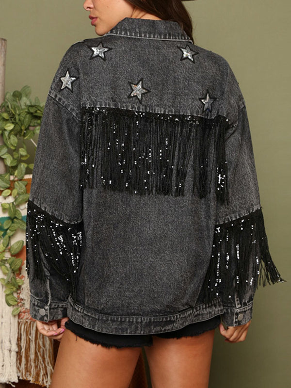 Fringe Detail Long Sleeve Denim Jacket-Teresa's Fashionista LLC
