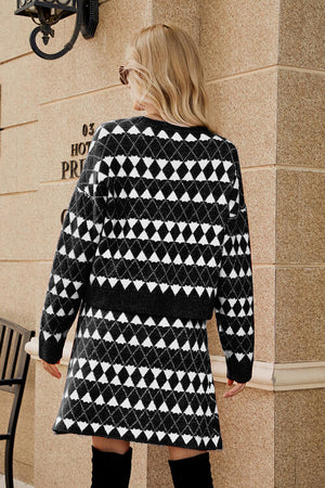 Geometric Button Front Cardigan and Skirt Set-Teresa's Fashionista LLC