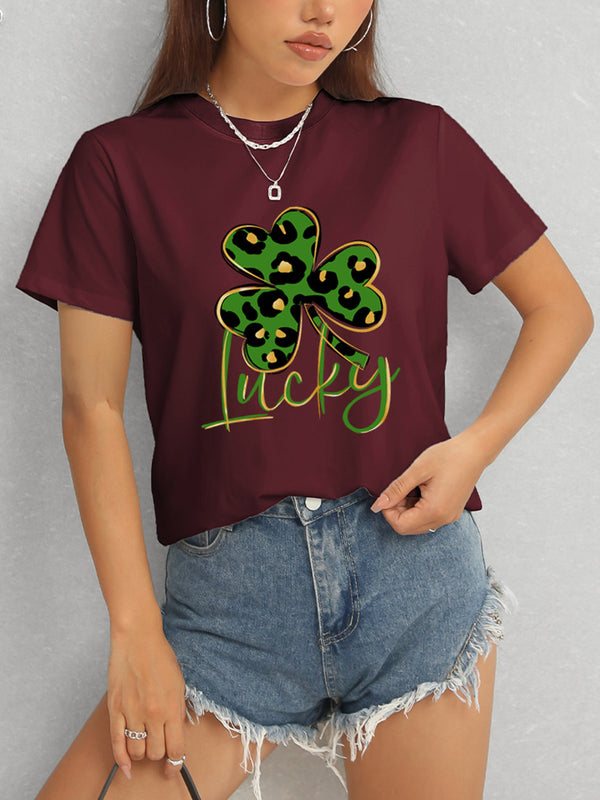 Lucky Clover Round Neck Short Sleeve T-Shirt-Teresa's Fashionista LLC