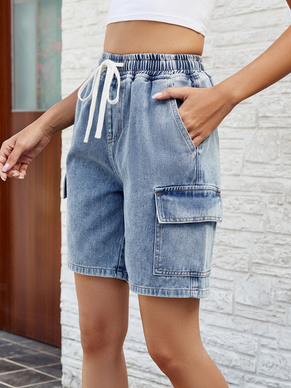 Drawstring Denim Shorts with Pockets-Teresa's Fashionista LLC
