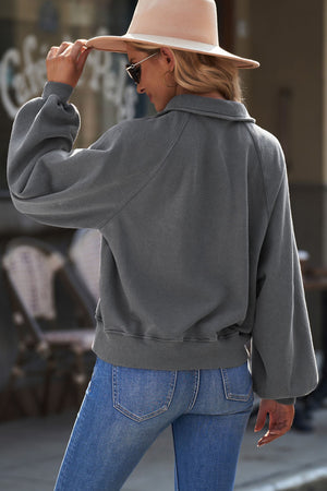 Quarter-Snap Collared Lantern Sleeve Sweatshirt-Teresa's Fashionista LLC