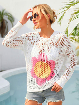Flower Graphic Lace-Up Openwork Hooded Cover Up-Teresa's Fashionista LLC