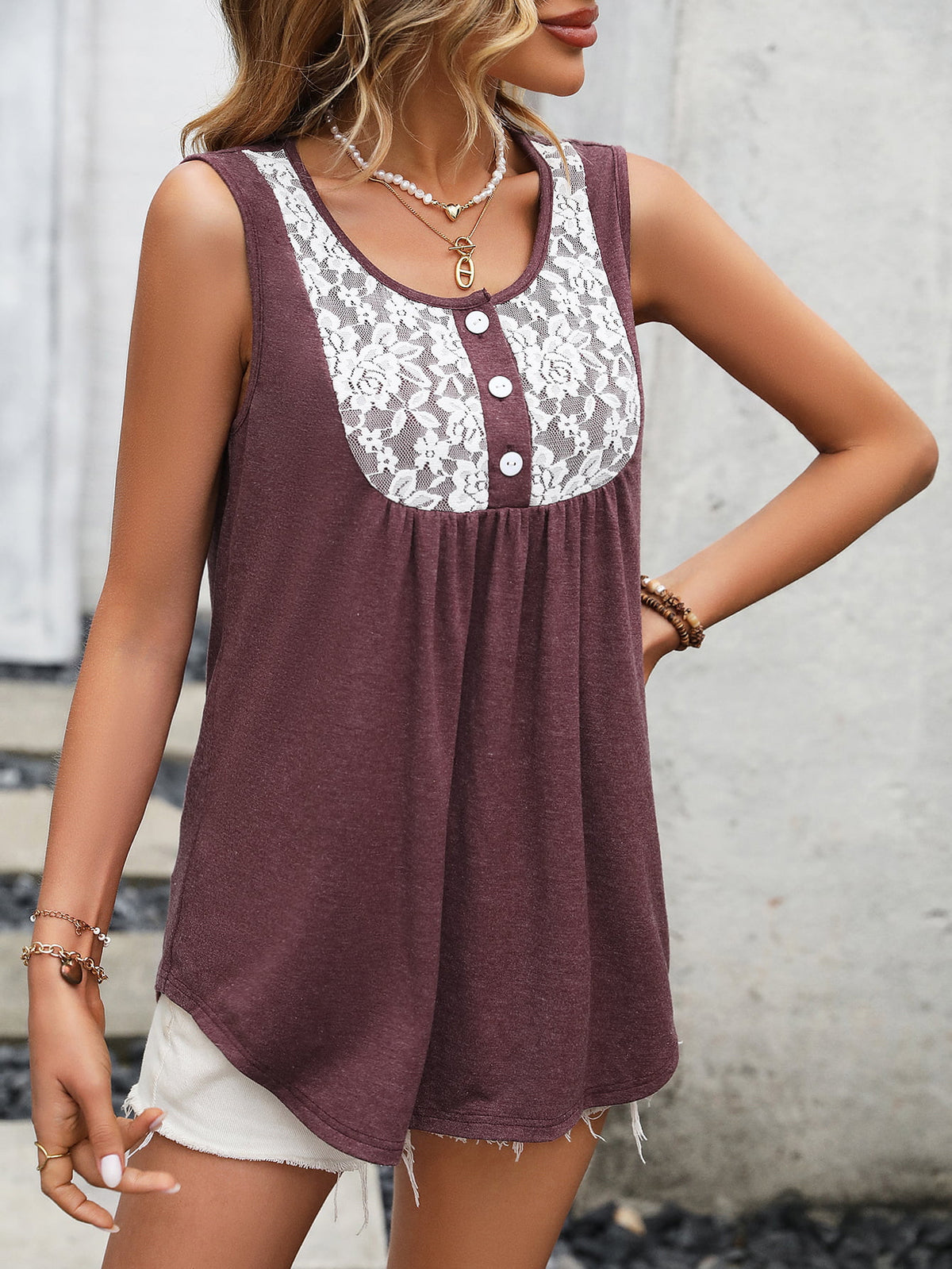 Lace Contrast Scoop Neck Tank-Teresa&#39;s Fashionista LLC