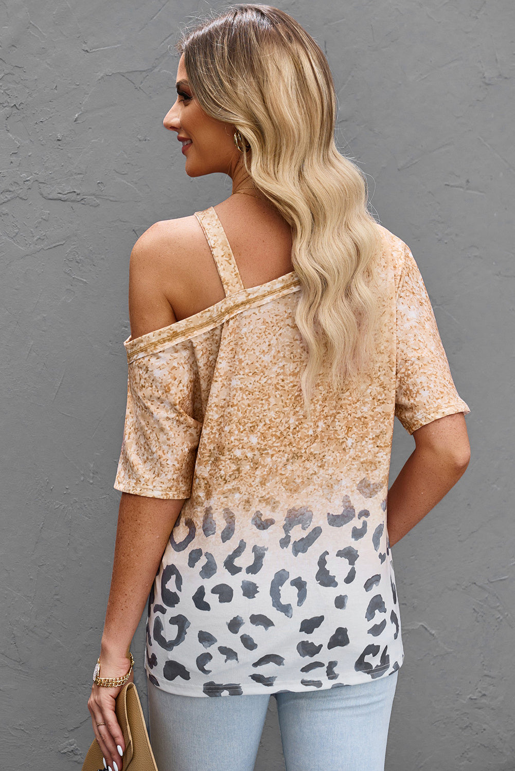 Leopard Asymmetrical Neck Cold-Shoulder Blouse-Teresa&#39;s Fashionista LLC