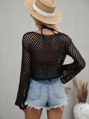 Openwork Flare Sleeve Cropped Cover Up-Teresa's Fashionista LLC