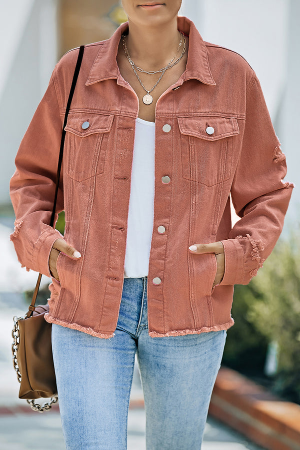Distressed Raw Hem Denim Jacket-Teresa's Fashionista LLC