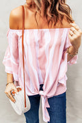 Striped Tie Front Flounce Sleeve Blouse-Teresa's Fashionista LLC