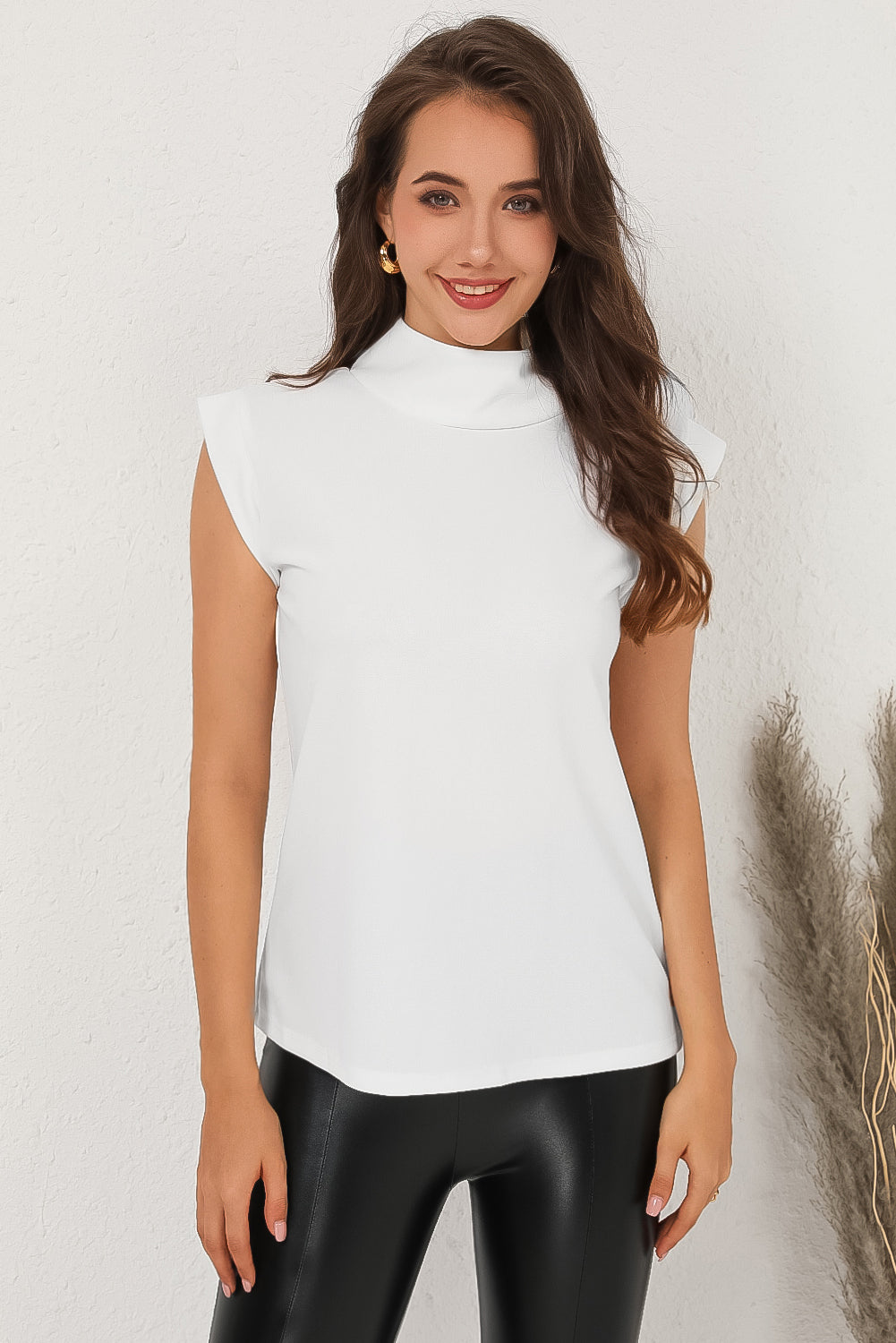 Mock Neck Cap Sleeve Blouse-Teresa&#39;s Fashionista LLC