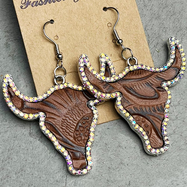 Rhinestone Trim Alloy Bull Earrings-Teresa's Fashionista LLC