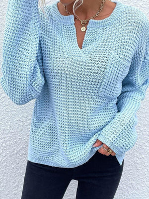 Notched Long Sleeve Sweater-Teresa's Fashionista LLC