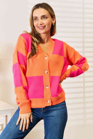 Woven Right Checkered V-Neck Dropped Shoulder Cardigan-Teresa's Fashionista LLC