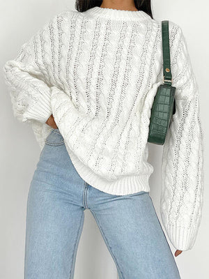 Openwork Round Sleeve Cable-Knit Sweater-Teresa's Fashionista LLC