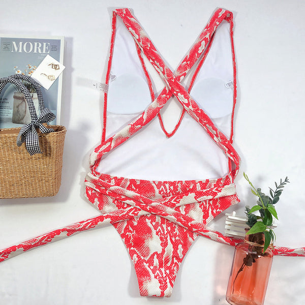 Halter Neck Deep V Tied One-Piece Swimsuit-Teresa's Fashionista LLC