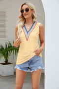 Contrast V-Neck Eyelet Tank-Teresa's Fashionista LLC