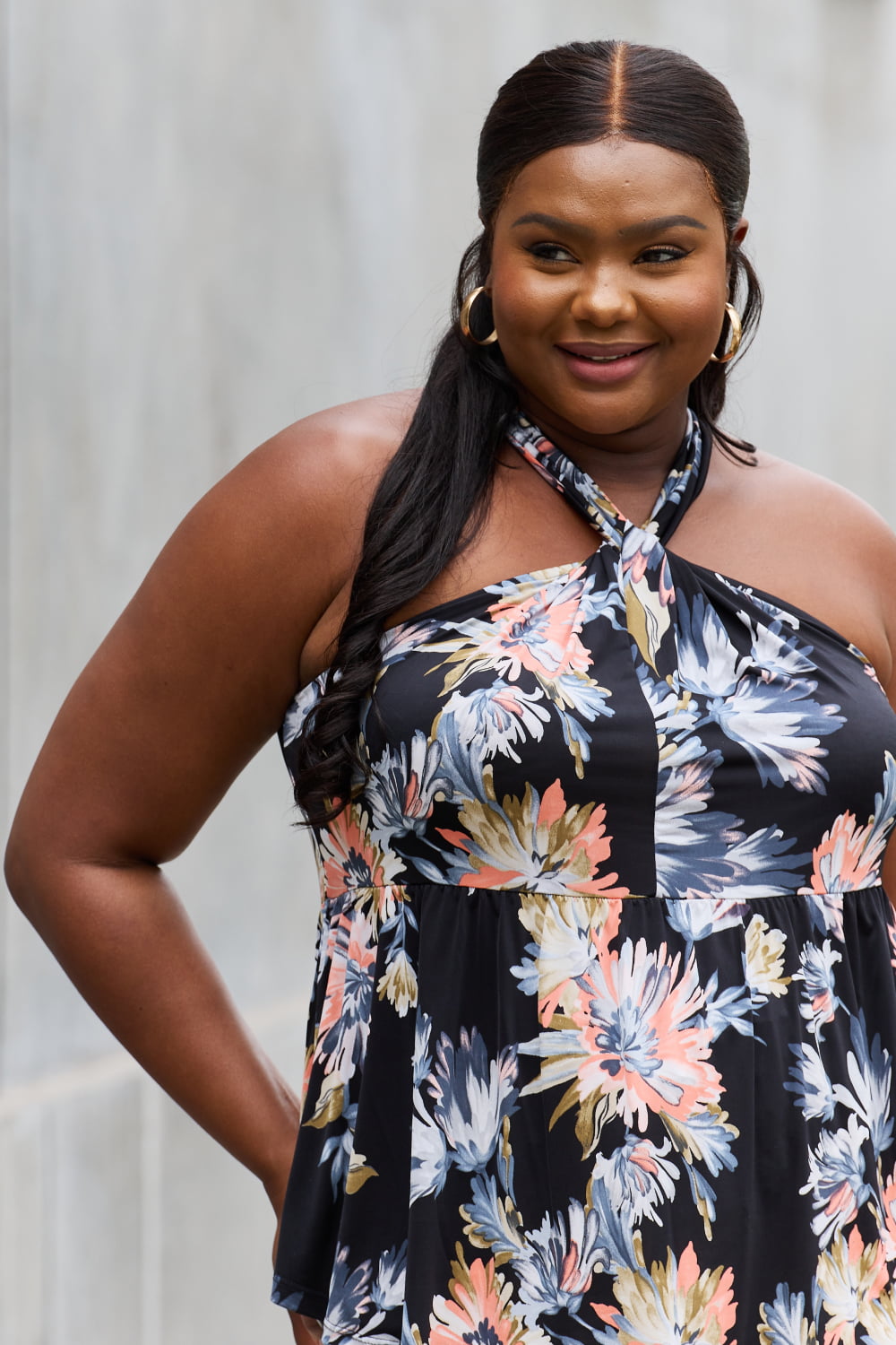 Be Stage Full Size Floral Halter Top in Black-Teresa&#39;s Fashionista LLC