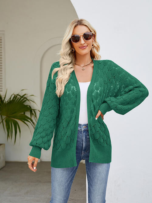 Openwork Open Front Lantern Sleeve Cardigan-Teresa's Fashionista LLC