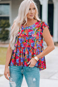 Floral Round Neck Frill Trim Blouse-Teresa's Fashionista LLC