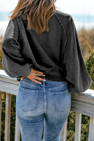 Quarter-Snap Collared Lantern Sleeve Sweatshirt-Teresa's Fashionista LLC