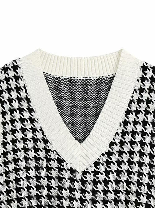 Houndstooth V-Neck Sweater Vet-Teresa&#39;s Fashionista LLC