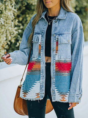 Collared Neck Dropped Shoulder Denim Jacket-Teresa's Fashionista LLC