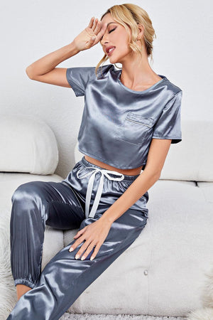 Satin Short Sleeve Crop Top and Joggers Lounge Set-Teresa's Fashionista LLC