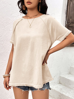 Round Neck Raglan Sleeve Fringe Detail Top-Teresa's Fashionista LLC