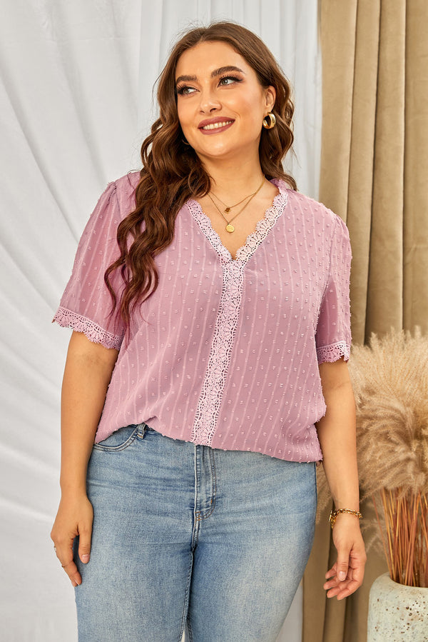 Plus Size Swiss Dot Spliced Lace V-Neck Blouse-Teresa's Fashionista LLC