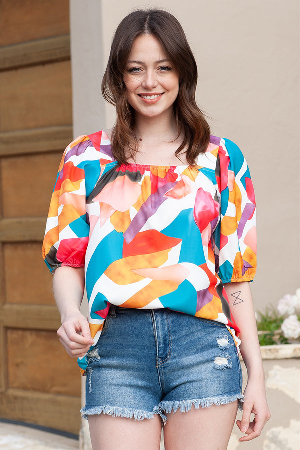 Printed Square Neck Half Sleeve Top-Teresa's Fashionista LLC
